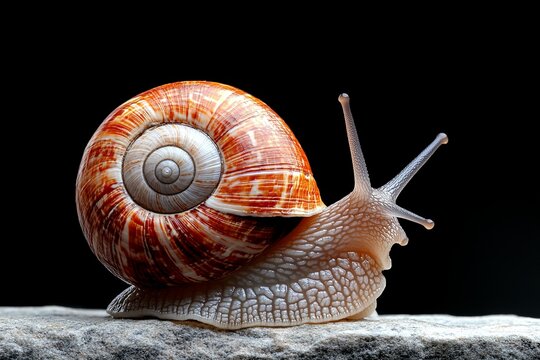 Colorful snail crawls slowly on a stone surface against a black background in natural light - Powered by Adobe