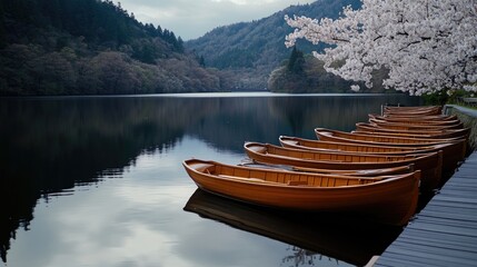Tourists enjoy leisurely activities on small wooden boats while cherry blossoms bloom and peach trees stand nearby in autumn