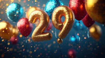 Celebrating a 29th birthday with colorful balloons and festive decorations in a joyful atmosphere