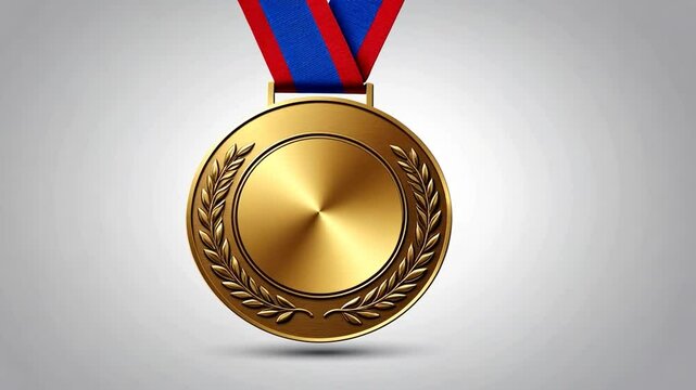 Gold medal with red and blue ribbon hanging on grey gradient background