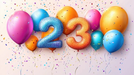 Celebrating 23 with colorful balloons and festive confetti decorations in a joyful atmosphere