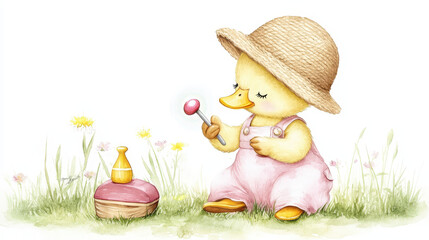 Naklejka premium Cute duckling wearing straw hat and pink overalls, playing with lollipop in flower filled meadow