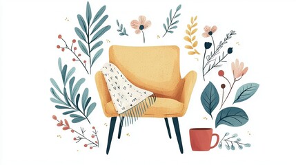   A comfortable chair with a plush cushion next to a vibrant potted plant and a cozy mug resting on top of another soft pillow