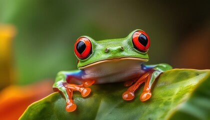Naklejka premium Close-Up Views Of Red-Eyed Tree Frogs In Natural Habitat: Perched On Leaves, Branch, And Peeking Over Edge Of Leaf