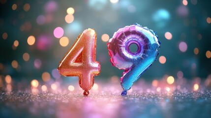 Festive celebration with shiny balloons displaying the number four and nine against a sparkling, colorful background