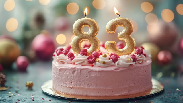 Celebration for a special 83rd birthday with a beautifully decorated pink cake topped with golden candles and festive decor