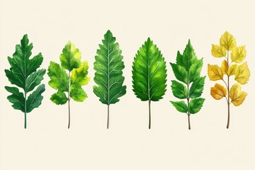 A series of illustrated leaves showcasing different shades and types.