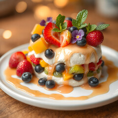 Elegante pastel de frutas con decoraciones de az&uacute;car y flores naturales
