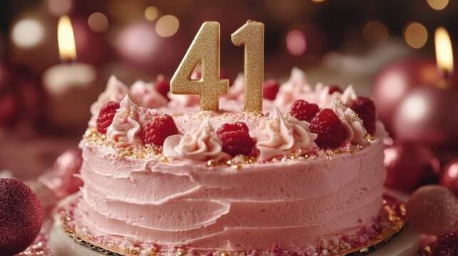 Celebration of a 41st birthday with a pink cake adorned with fresh raspberries and sparkling candles highlighting a significant year
