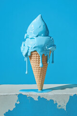 Melting blue ice cream cone dripping onto white surface against bright blue background, creating minimalist summer dessert composition. Generative AI