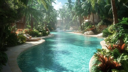 Tropical resort pool, lush foliage, sunny day, relaxation