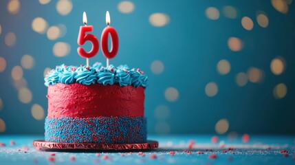 Celebrate a milestone with a colorful 50th birthday cake adorned with candles and vibrant decorations