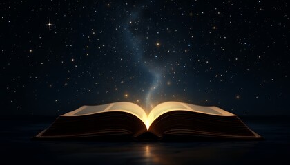 Open Book with Glowing Light and Starry Sky Background Concept