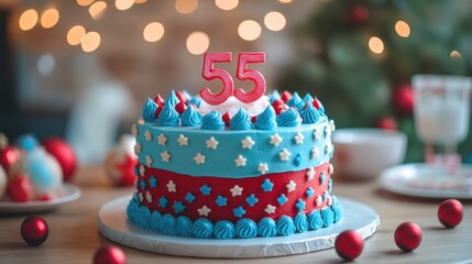 Celebrate a 55th birthday with a colorful cake decorated in vibrant blue and red hues surrounded by festive ornaments