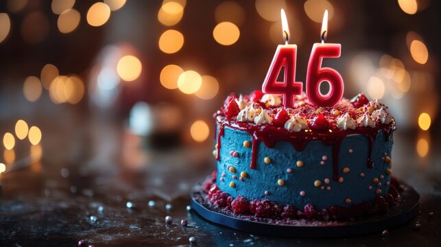 Celebrating a 46th milestone birthday with a vibrant cake adorned in red and blue, lit candles shining brightly on a joyful occasion