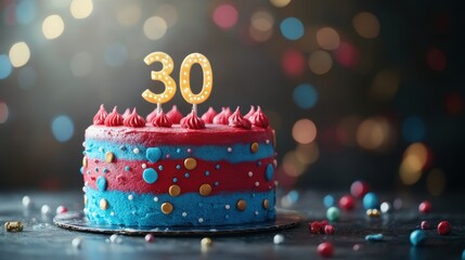 Celebrate a vibrant 30th birthday with a colorful cake adorned with lights and sprinkles in a festive atmosphere filled with joy