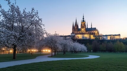 Obraz premium Cherry blossoms illuminate a hillside path at sunset with a church tower and street lamps in view, creating a serene spring atmosphere