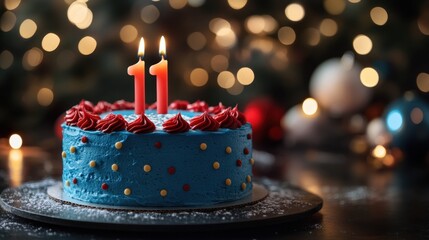 Celebrating a joyful 11th birthday with a vibrant cake adorned in blue frosting and colorful decorations