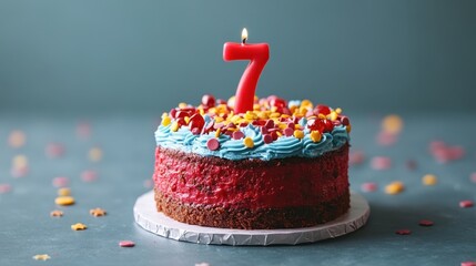 Celebration of a special milestone with a vibrant cake decorated for a seventh birthday party