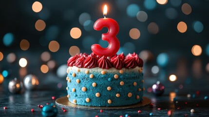 Celebrating a special day with a bright blue birthday cake adorned with a fiery red candle symbolizing three joyful years