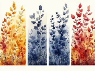 Watercolor illustration of colorful foliage arranged in four vertical panels.