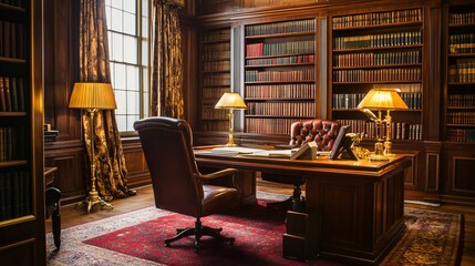 Luxurious Study with Classic Bookcases and Antique Desk