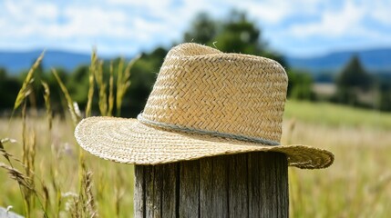Summer adventure straw hat on wooden post in serene field nature photography vibrant landscape clear sky