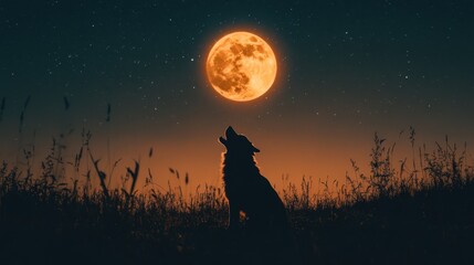 Howling wolf under the glow of a full moon in a tranquil night sky