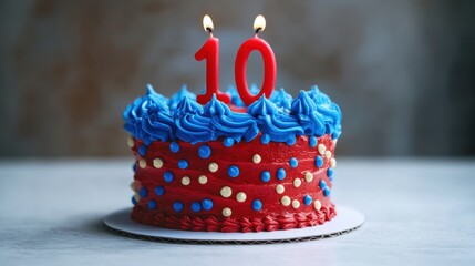 Colorful birthday cake celebrating ten years with blue and red frosting and decorative candles lighting up the joyous occasion