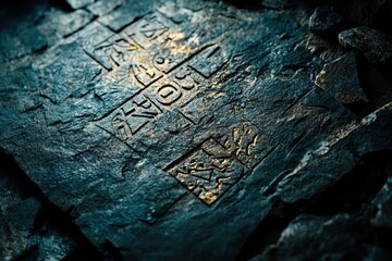 Ancient symbols carved onto stone surface with dark textured background