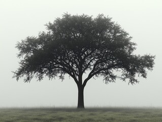 Lone Tree in Misty Field, Serene Nature