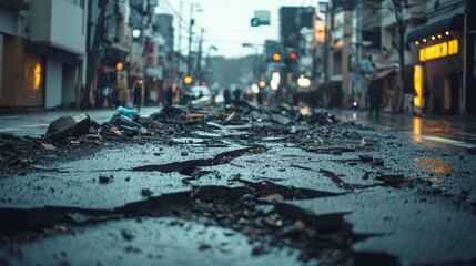 A cracked and broken ground in a cityscape after an earthquake, with debris scattered and a sense of destruction and chaos.