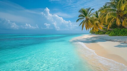 Naklejka premium A stunning tropical beach featuring soft white sand, crystal clear waters, and lush palm trees, creating a picturesque landscape ideal for a tranquil getaway.