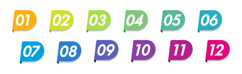 Bullet points numbers from 1 to 12 list markers colorful trendy typography