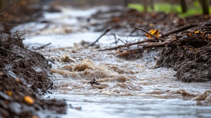 Obraz premium A close-up of a muddy river overflowing its banks after heavy rains, with strong currents carrying debris and branches.