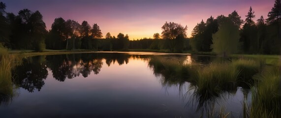 Obraz premium Captivating scene of a tranquil pond reflecting the evening sky where the colors merge beautifully in serene harmony against natures palette
