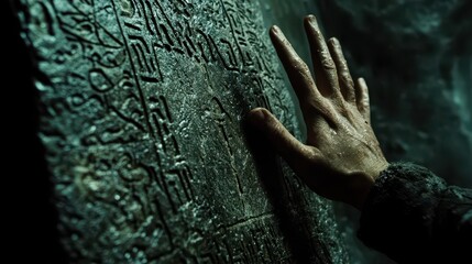 Wet hand touching ancient stone tablet covered in glyphs