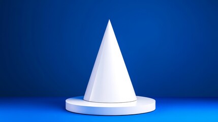 Fototapeta premium 3D White Cone Shape on Blue Background for Product Display - This image features a white cone-shaped podium on a solid blue background, symbolizing minimalism, elegance, presentation, creativity