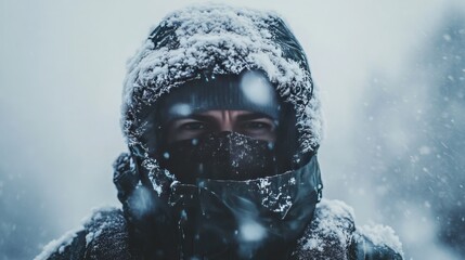 A person braving a blizzard in winter gear, the heavy snow and wind reducing visibility.