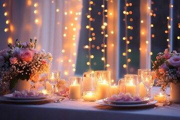 A romantic wedding dinner setup featuring a beautifully decorated table with candles, flowers, and soft lighting for an intimate atmosphere.