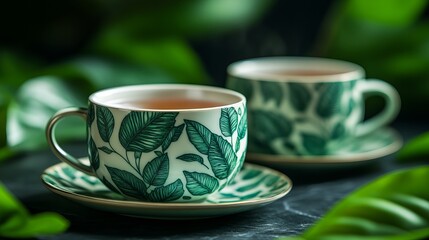 Fototapeta premium Two intricately designed teacups sit gracefully surrounded by rich green foliage, embodying tranquility, comfort, and the intimate enjoyment of tea in a peaceful setting.