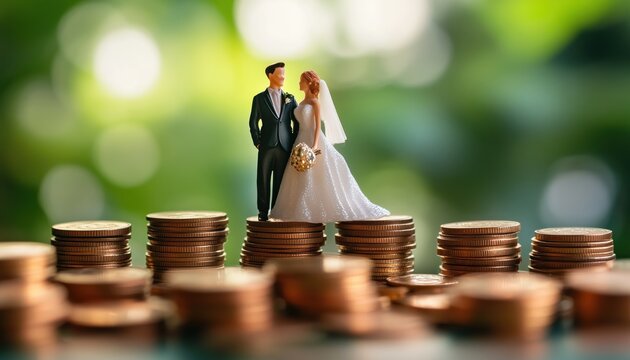 Achieving Financial Sustainability For A Wedding And Family Life: Saving And Planning For A Miniature Wedding On Rows Of Rising Coins.