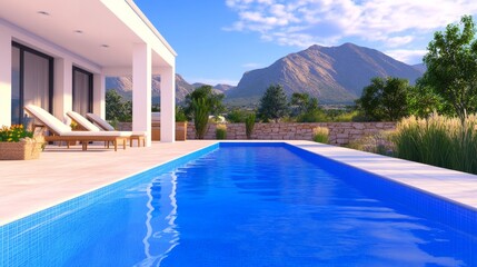Fototapeta premium Serene modern villa with a pool overlooking majestic mountain and lush greenery in the background