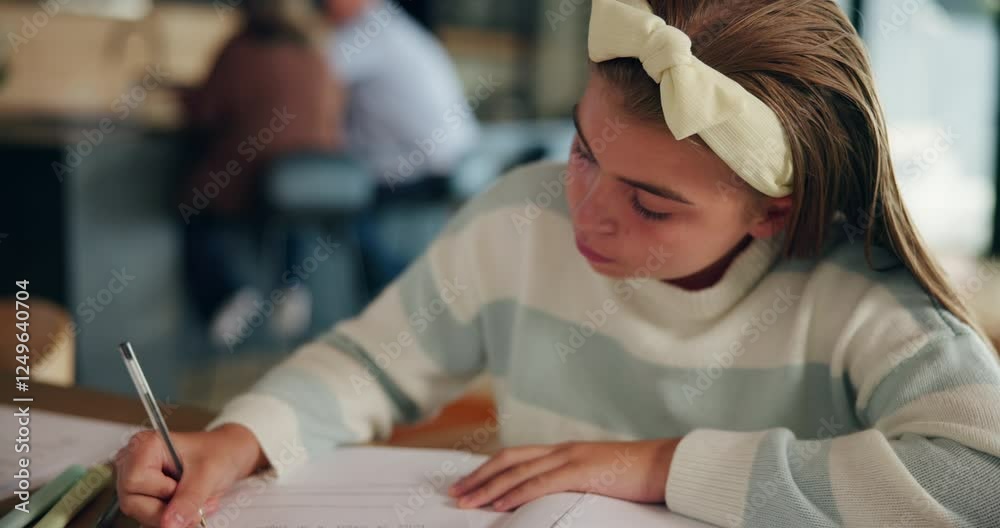 Poster learning, girl and writing on paper in home for homework assignment, assessment notes and study. stu