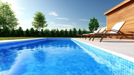 Fototapeta premium Serene backyard pool scene with clear water, wooden deck, and lush greenery under a bright sky