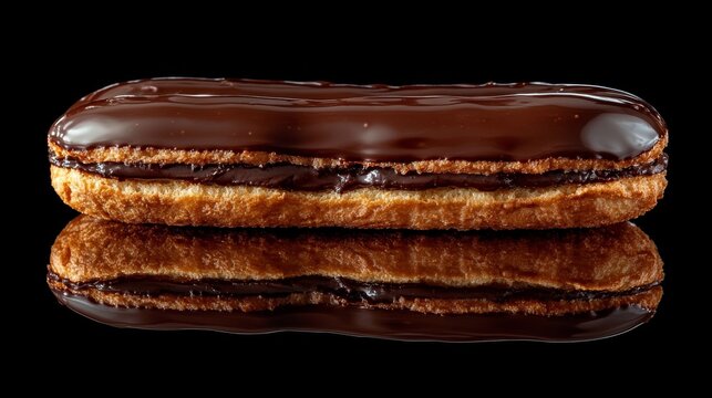 This image showcases a shiny chocolate glazed eclair resting on a reflective surface, highlighting its rich texture and tempting appearance for dessert lovers and bakers.