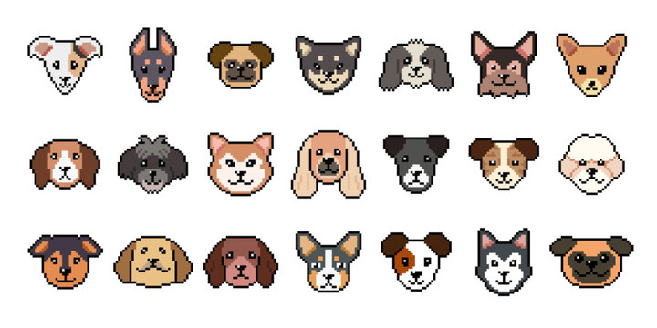 Different type of pixel art dog faces vector in retro style for design.