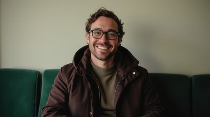 Fototapeta premium Man Smiles Warmly While Sitting on a Green Couch in a Cozy Indoor Setting