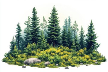 Lush forest scene with tall trees, shrubs, and rocks in a serene setting.