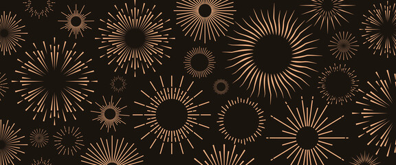 Fireworks background gold color style vector for holidays, party poster, carnival. Sunburst wallpaper. 10 eps